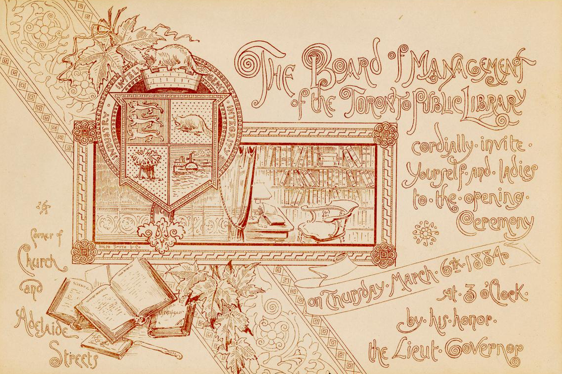 Invitation to the opening of Toronto Public Library, March 6, 1884.