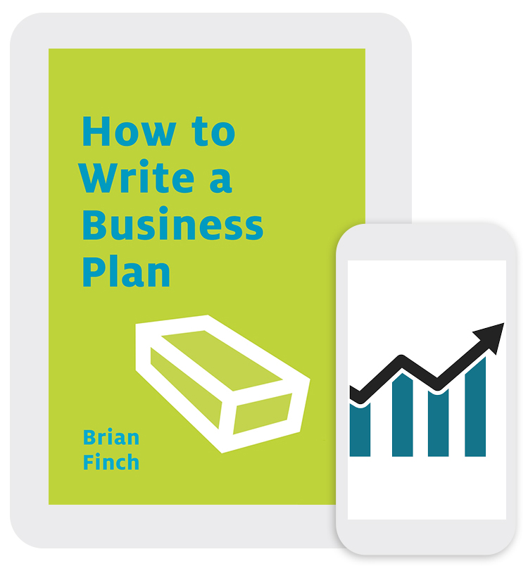 How to Write a Business Plan is displayed on a tablet. A phone displays a chart with an arrow going up and down