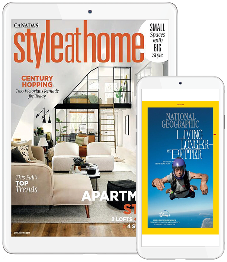 Style at Home and The Economist magazines are shown on a tablet and phone