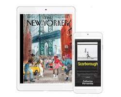 The New Yorker magazine is displayed on a tablet. The book Scarborough is displayed on a phone.