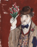 Illustration of man in costume holding flowers