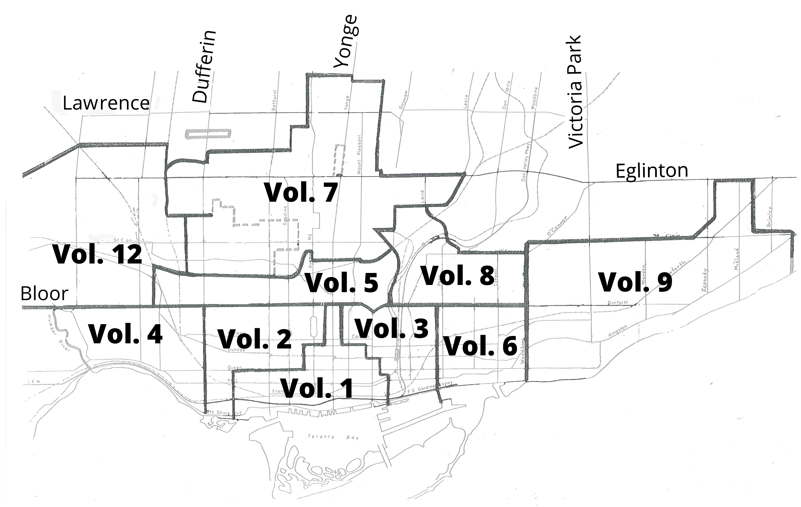 Map of Toronto divided into volumes