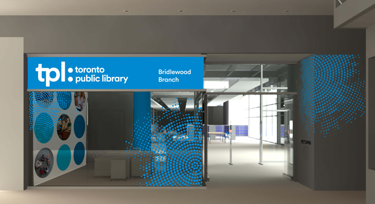 Mall entrance of future Bridlewood Branch with interactive return materials sorter in display on the left.