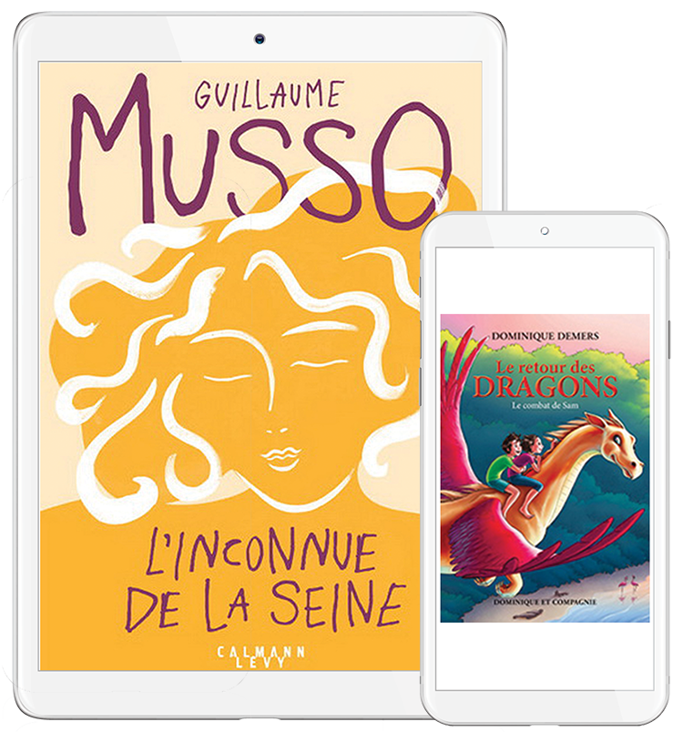 The books L’Inconnue de la Seine and Le Retours des Dragons are shown on a tablet and phone
