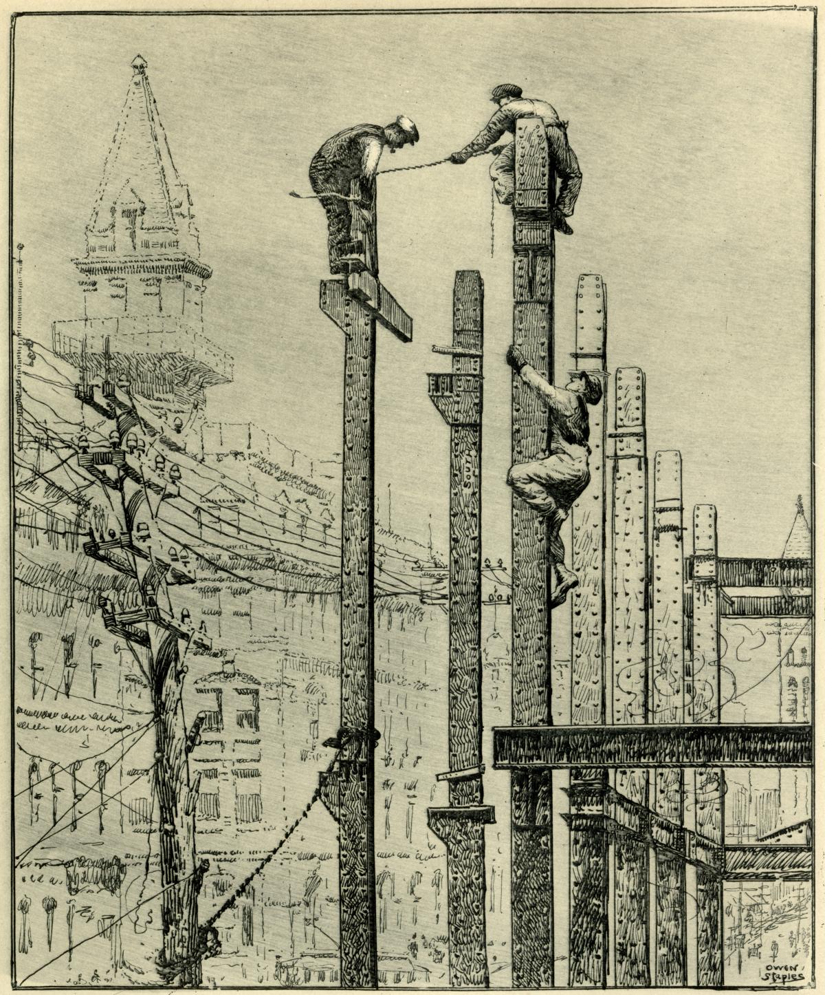 sketch of men raising beams in city