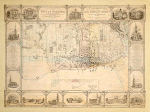 Vintage map of Toronto with border of illustarted buildings