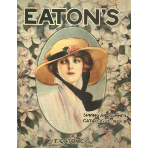 Cover of vintage magazine titled Eaton's with floral background and young woman in big hat